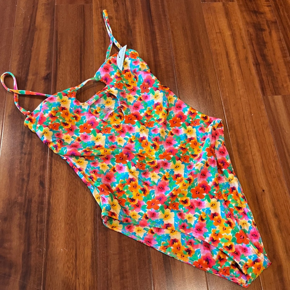 JMP One Piece Swimsuit Tropical Floral Pink Green‎ Multi Cutout New Size XS
